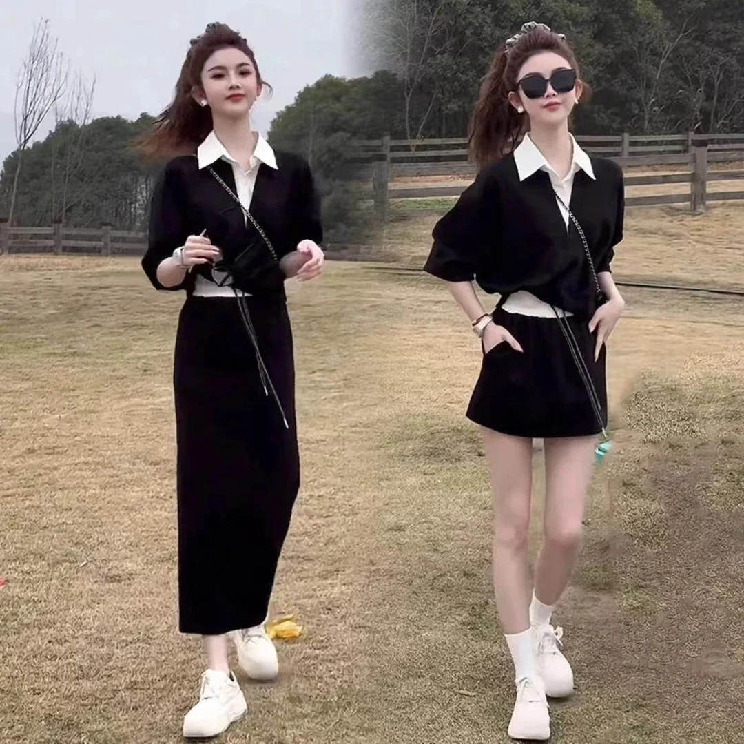 春上新！拼色领设计休闲学院风简约卫衣套装裙女