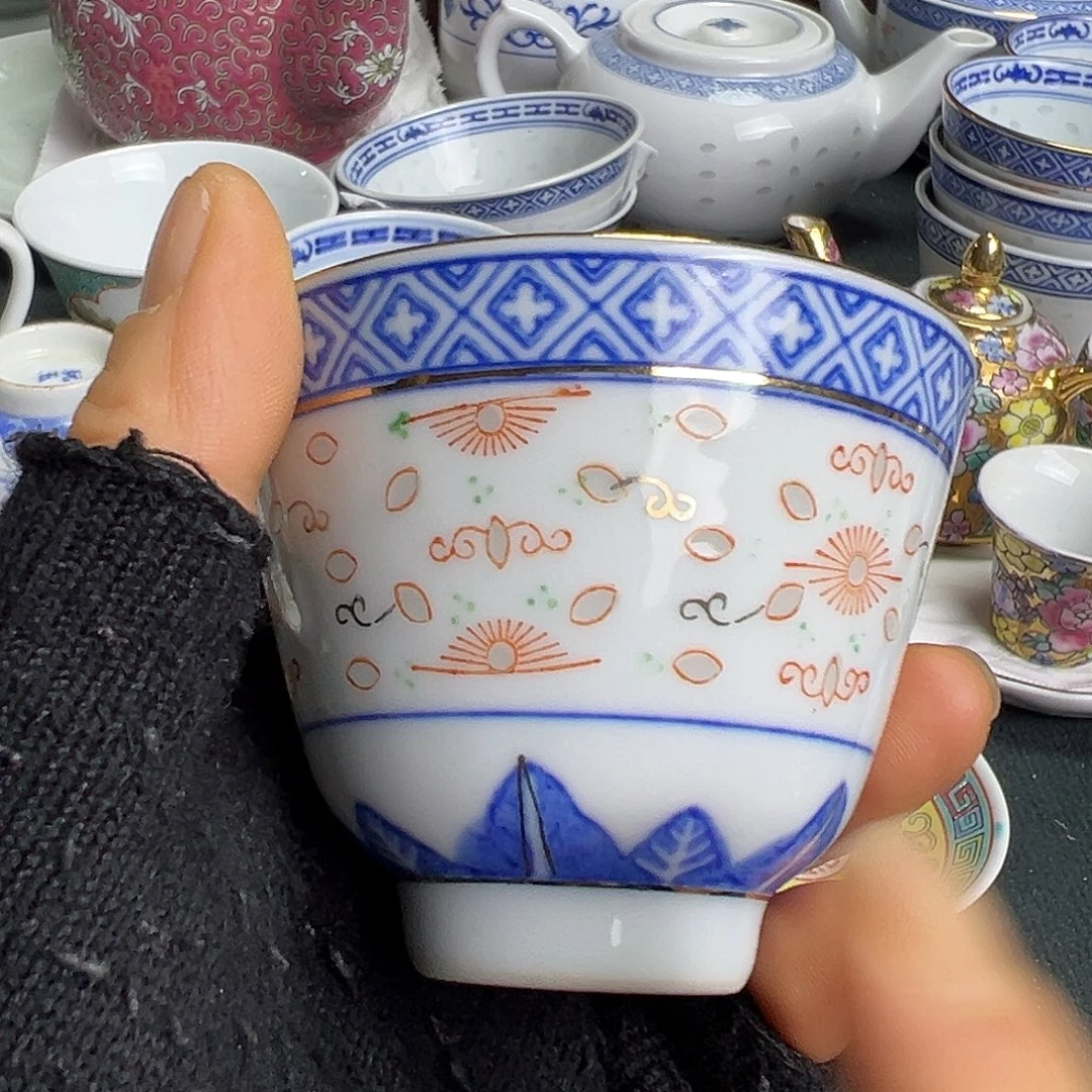 杯景德镇陶瓷青花玲珑加彩二刚杯