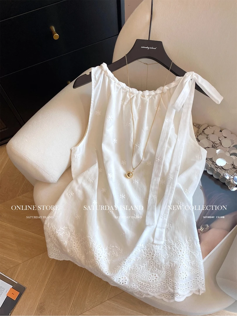 韩系重工刺绣编织圆领系带吊带背心女2025夏季气质宽松显瘦小上衣