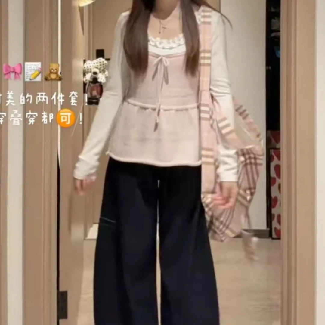 韩系温柔风针织吊带内搭打底衫搭配阔腿牛仔裤穿搭