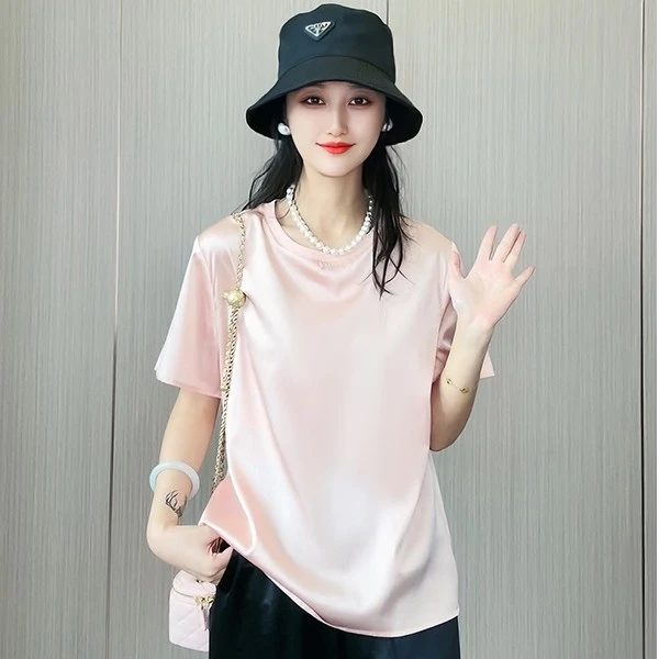 19姆米桑蚕丝弹力缎圆领百搭真丝短袖t恤女上衣DX039