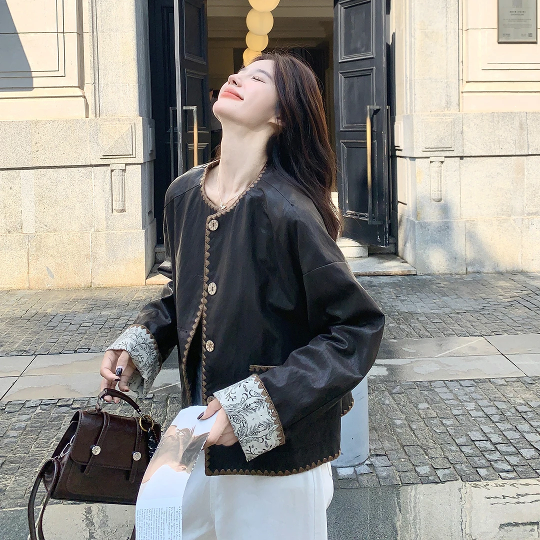 复古琥珀流光高级感皮衣短款外套女2025秋季新款宽松拽酷炸街夹克