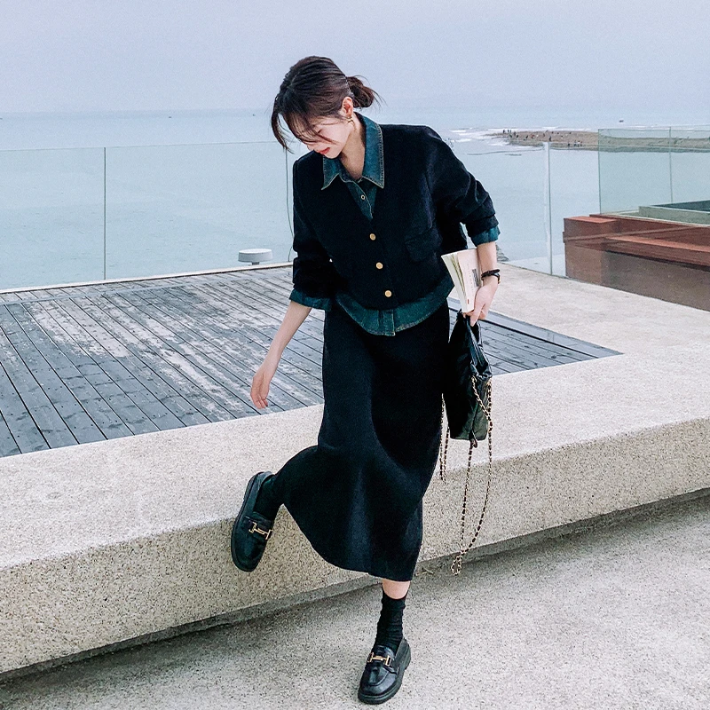 黑色高级感灯芯绒套装裙女2025春季新款轻熟盐系时尚半身裙两件套