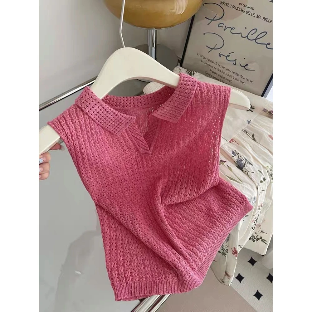 法式甜美气质polo领针织镂空无袖背心女夏季超好看百搭显瘦薄上衣