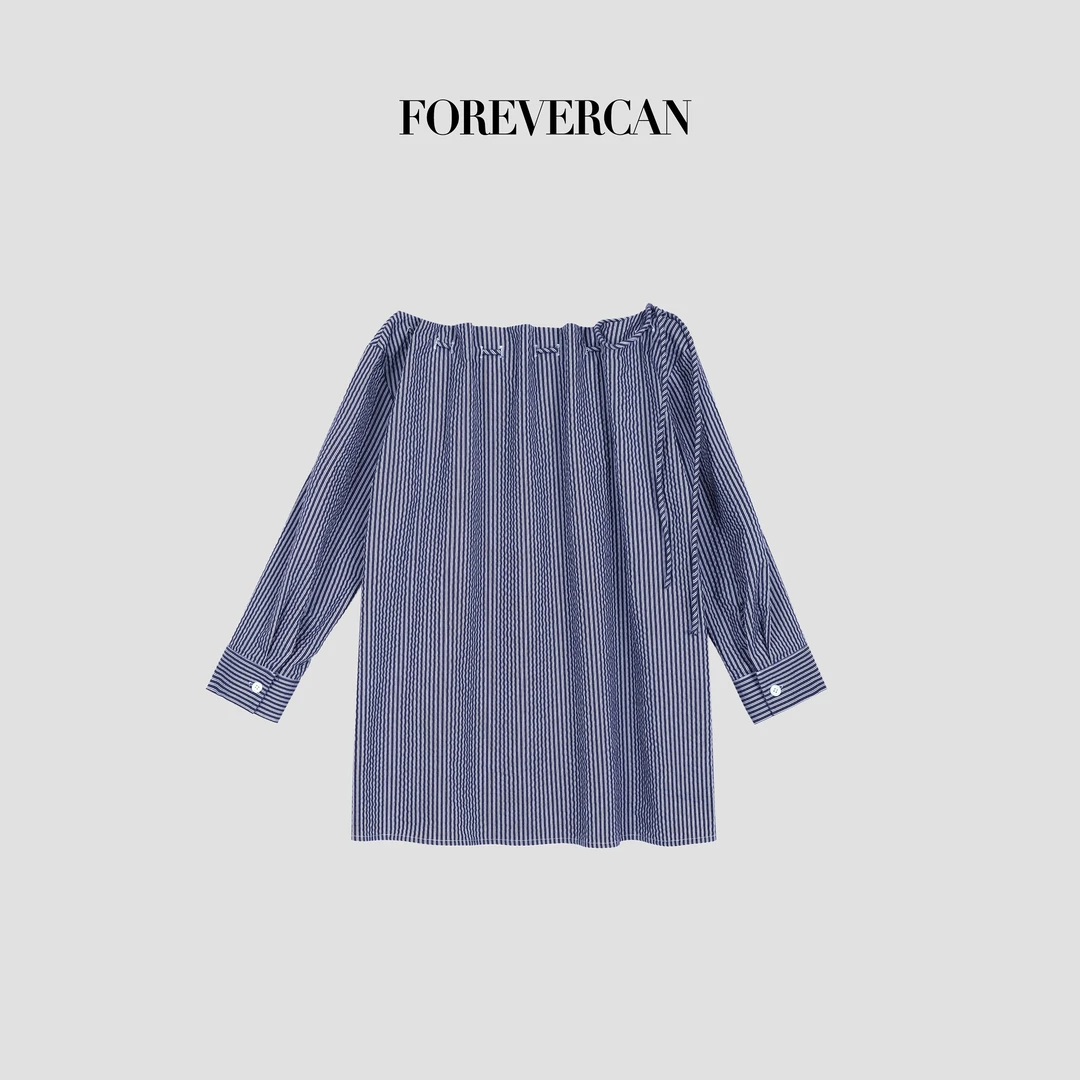 FOREVERCAN“海汀日记”撞色条纹抽绳一字肩斜肩多穿衬衫ST23312