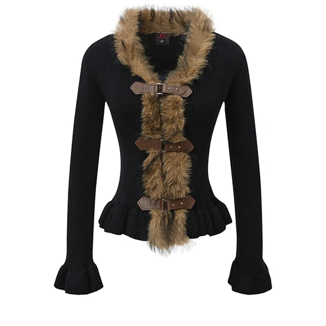 Feel lonely 美式辣妹毛领针织开衫毛衣女设计感荷叶边修身显瘦潮