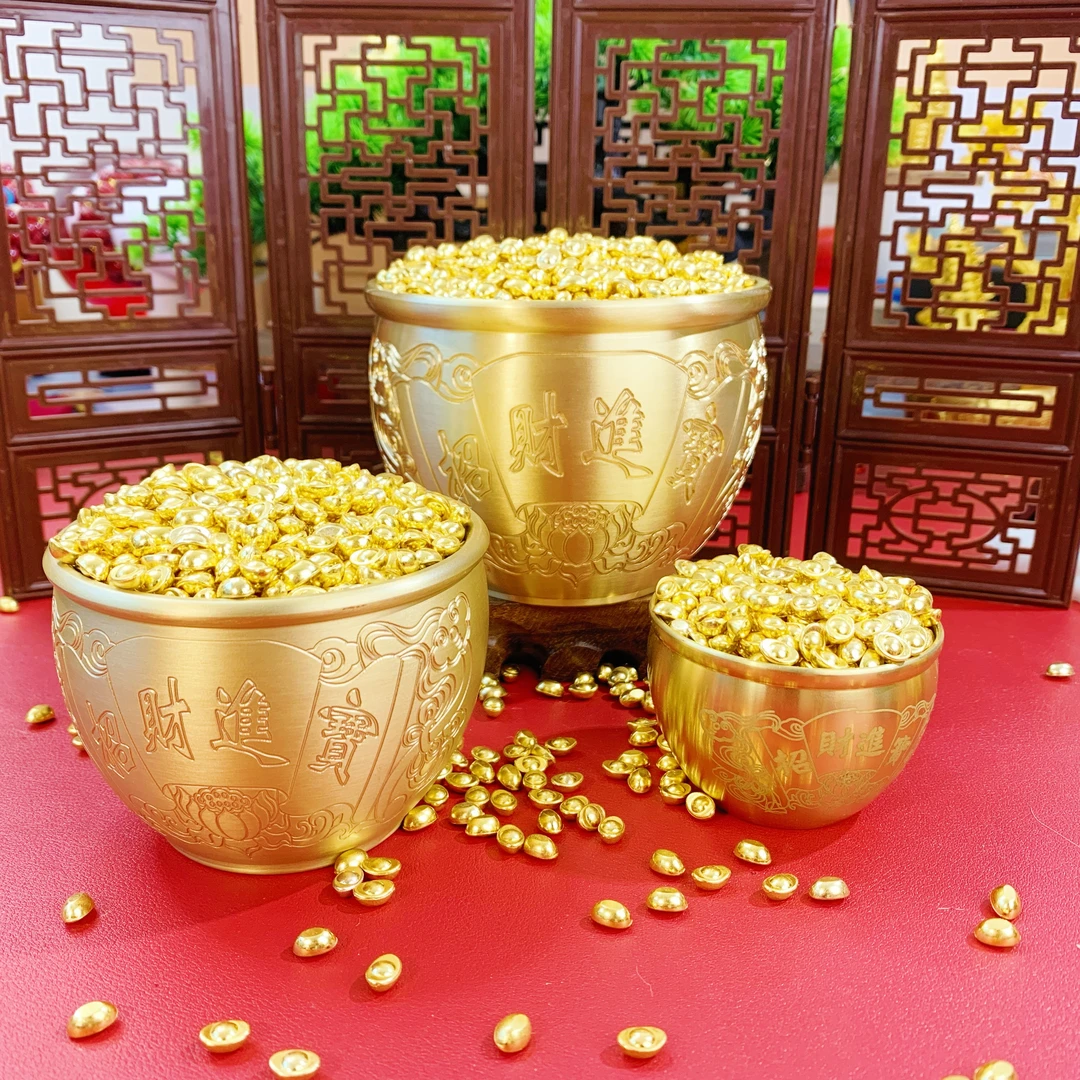 【钱氏铜器】纯黄铜招贝才百福缸米缸仿金沙金小元宝摆件居家办公室