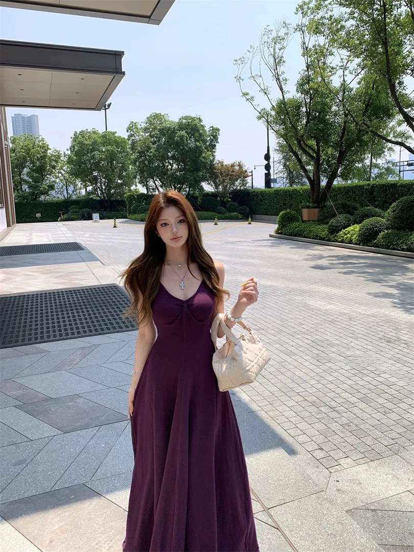 设计感紫色初恋韵味褶皱吊带连衣裙女装夏季修身显瘦长裙