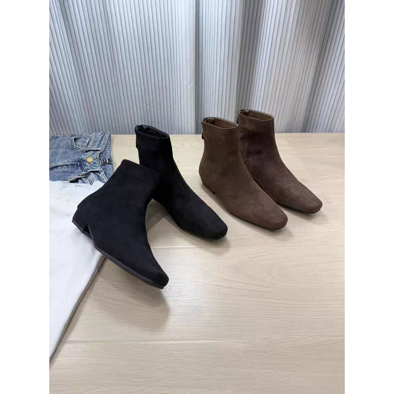 真皮方头短靴女2025秋冬新款粗跟时尚百搭瘦瘦靴法式低跟短筒靴子