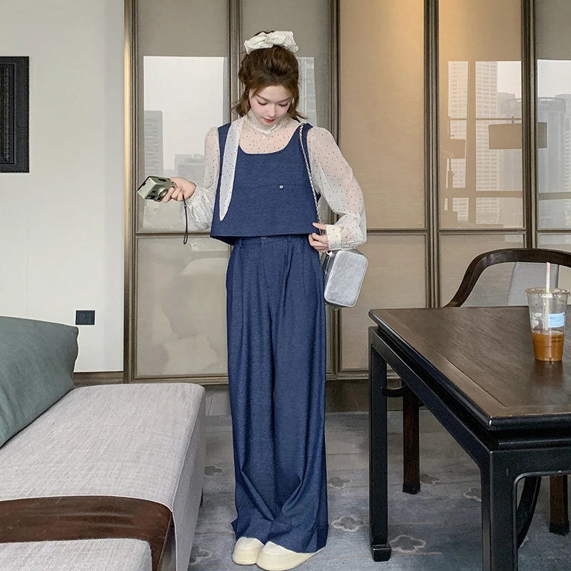 蓝色一整套穿搭马甲套装女2025年春季新款波点打底衫阔腿裤三件套