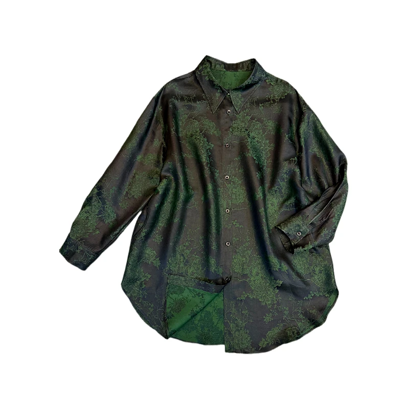 一帘幽梦 香云纱黑绿桑蚕丝宽松女士中长大衬衣