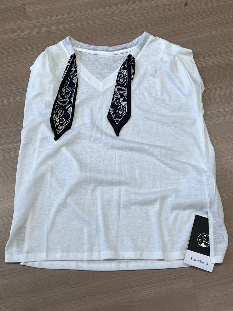 无袖宽松型V领蝴蝶结纯色透气T恤百搭A10-A1168