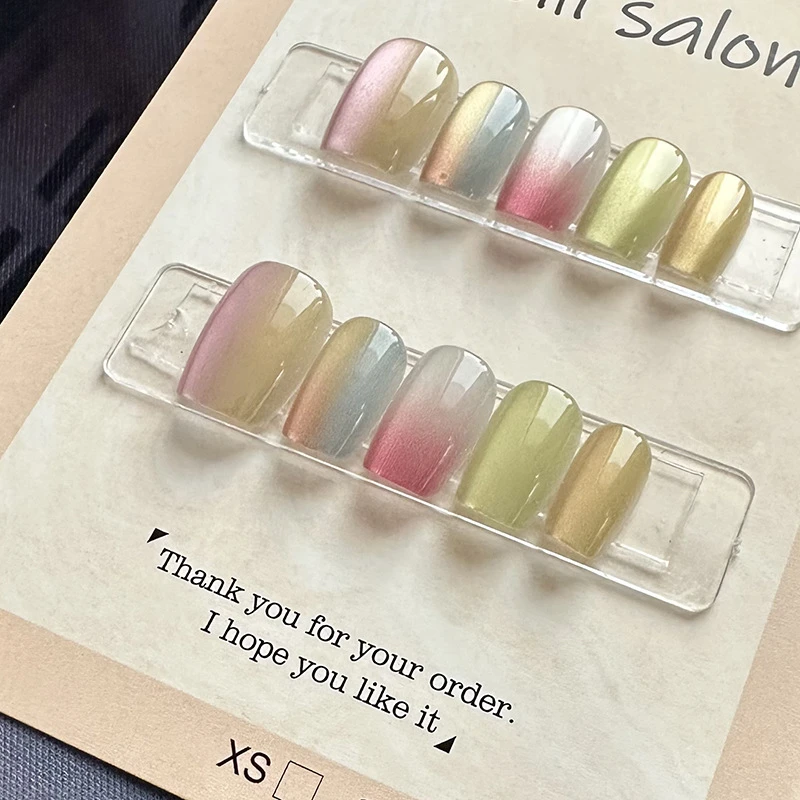 多彩晶石2#纯手工穿戴甲ins显白裸色半手工猫眼美甲假指甲