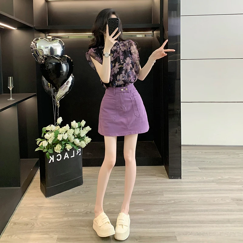 超火巨好看的紫色休闲牛仔套装女夏减龄小个子短袖时尚短裙两件套