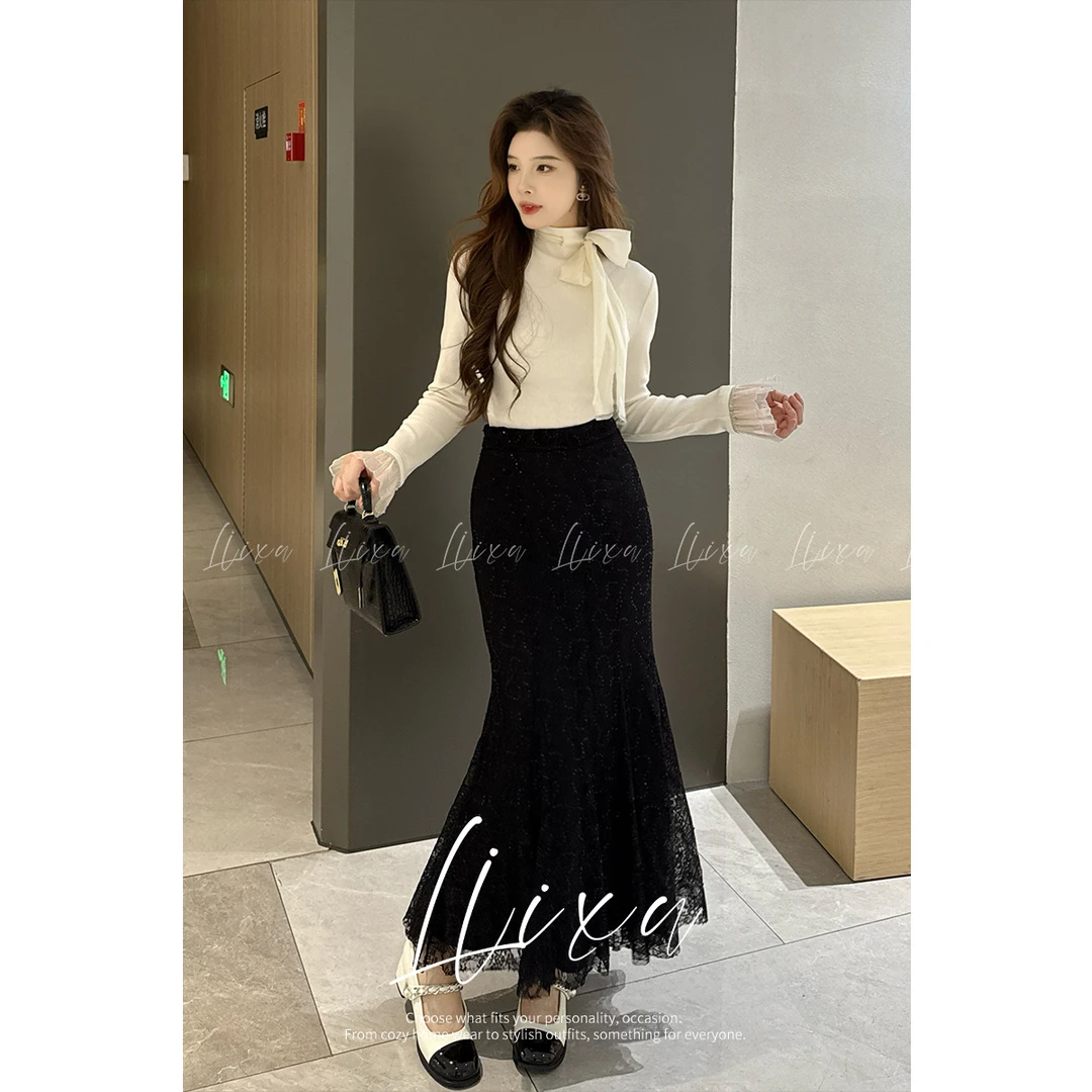 【小榆】秋冬优雅高腰显瘦蕾丝镂空鱼尾包臀半身长裙女X58BQY6101