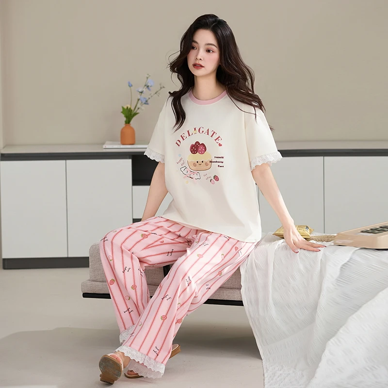 睡衣女夏季纯棉短袖2025新款甜美可爱女生春秋薄款家居服大码套装