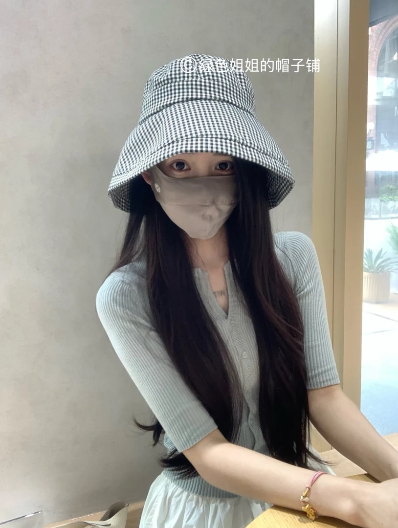 Green-【千鸟格】自制超大帽檐露思同款千鸟格出游遮阳防晒渔夫帽