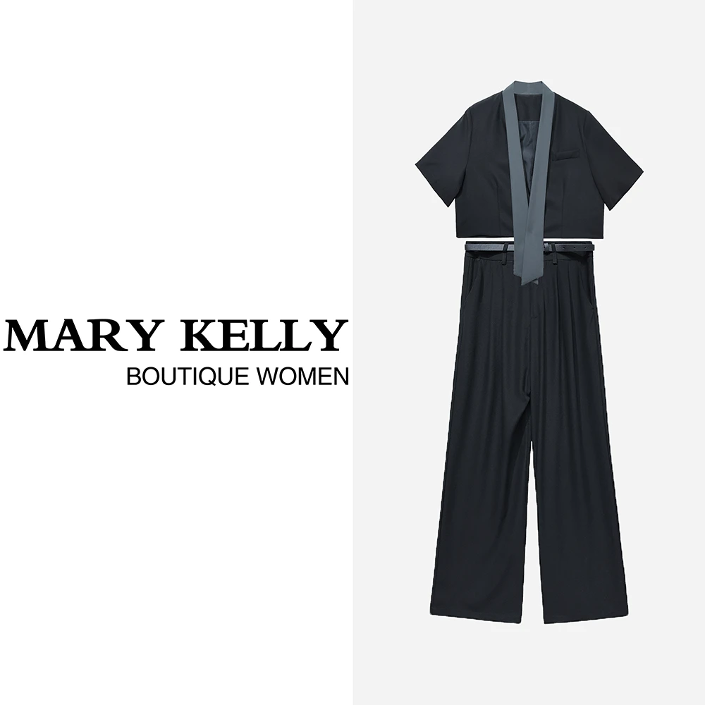 X1097【上新】高级感撞色飘带短款黑色垂感阔腿裤两件套