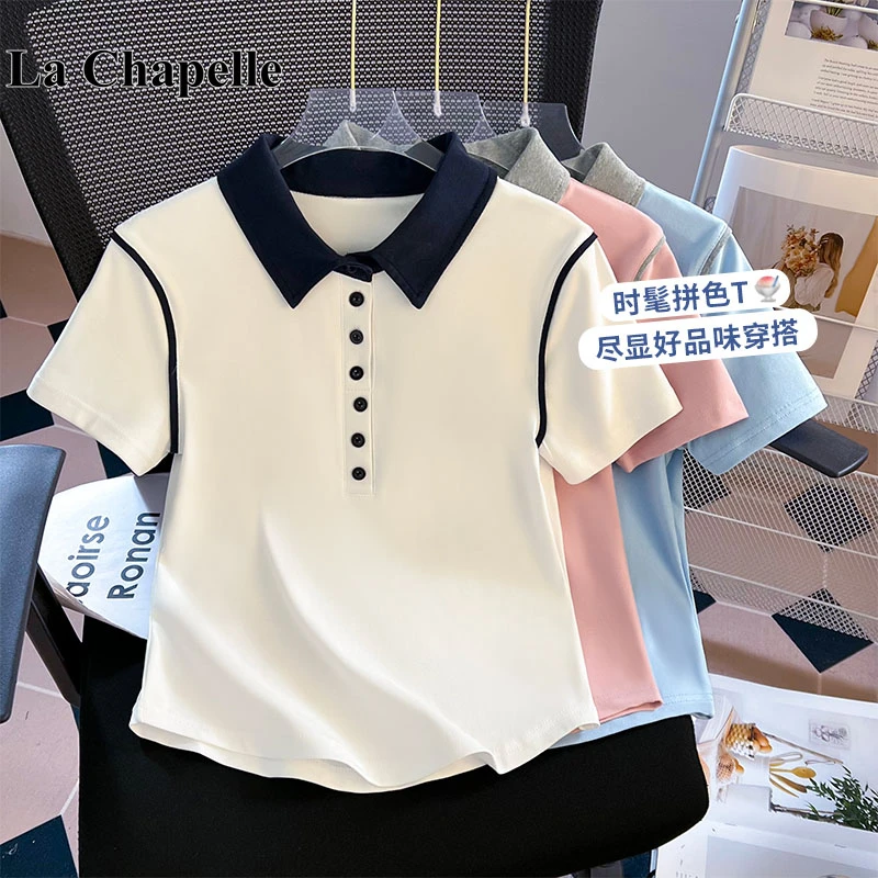 拉夏贝尔正肩翻领polo衫短袖t恤女夏季2025弧形下摆修身短款上衣
