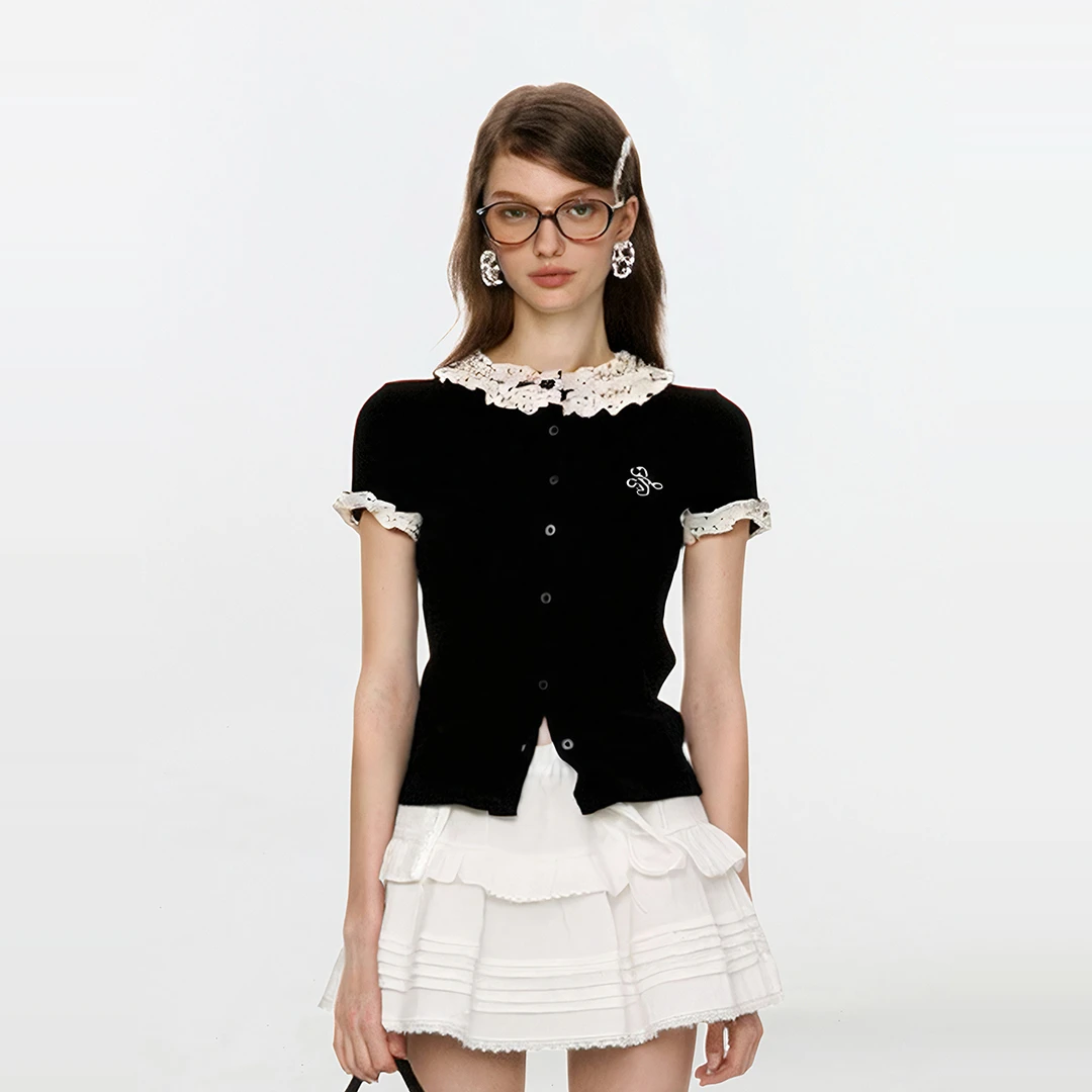 AHMI法式设计波点拼接短袖针织衫老钱风松弛感女装显瘦短款上衣