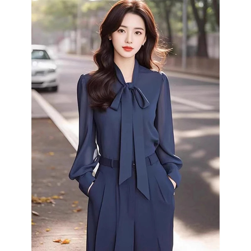 蓝色蝴蝶结系带长袖衬衫女超好看减龄衬衣2025新款时尚上衣春秋季