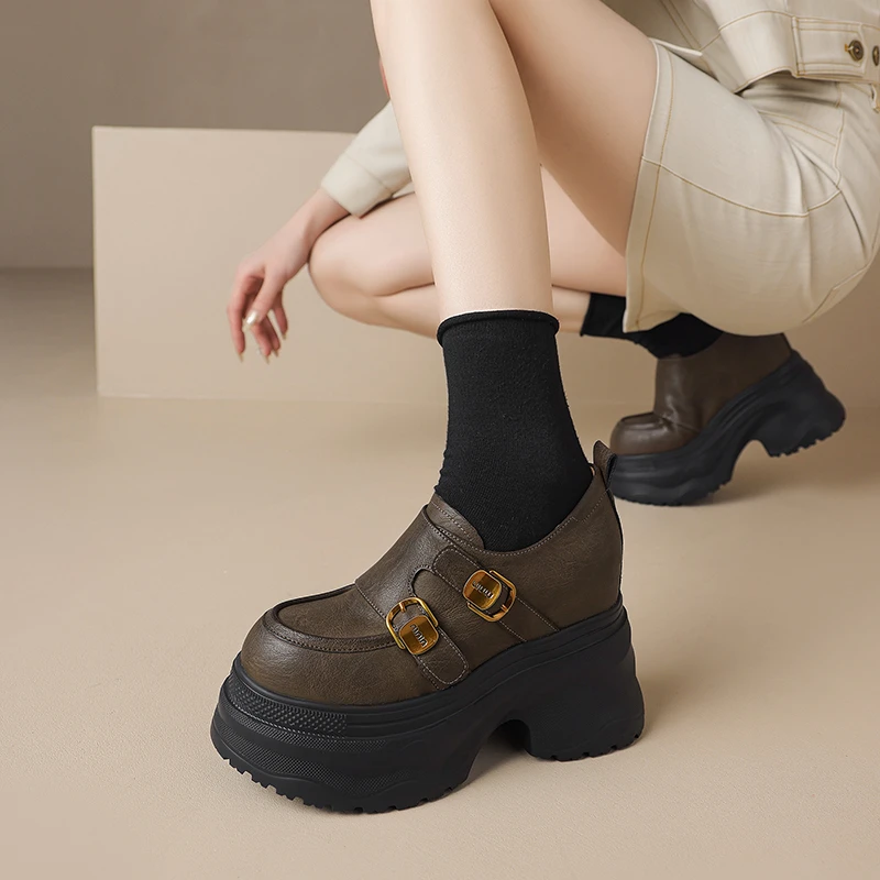 12cm内增高厚底韩版休闲单鞋女英伦风秋冬超高跟皮带扣软底女鞋