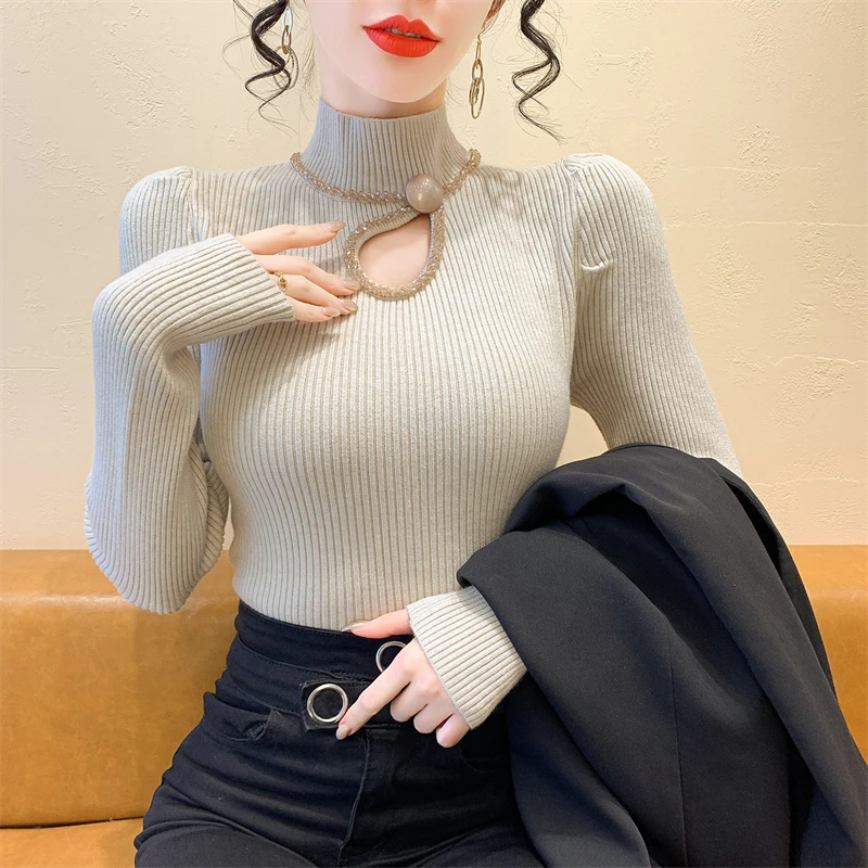 实拍2025钻秋冬镂空半高领毛衣女高级感内搭显瘦针织衫修身打底衫