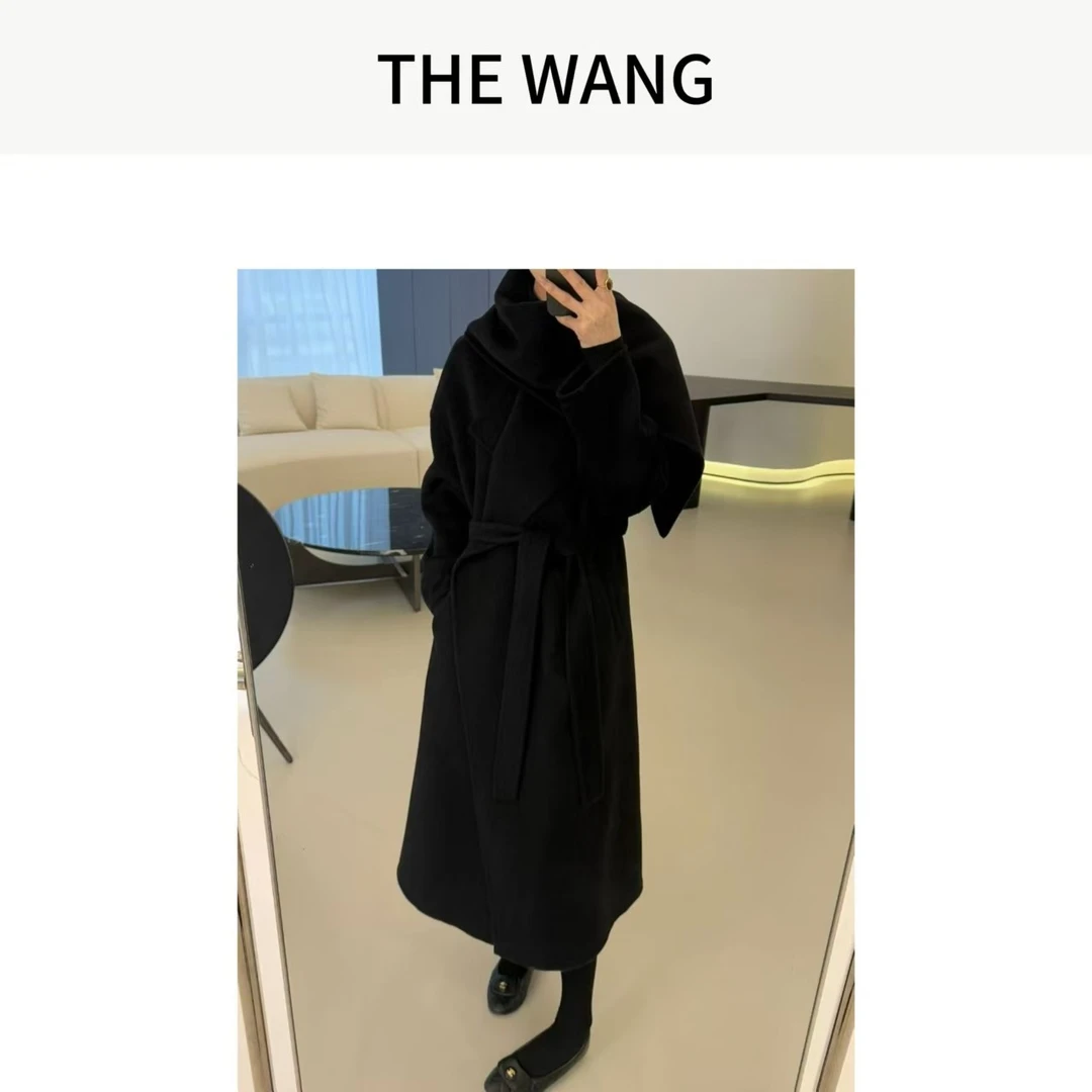 THE WANG 闪亮焦点 高级感赫本风双面呢围巾领长款毛呢外套