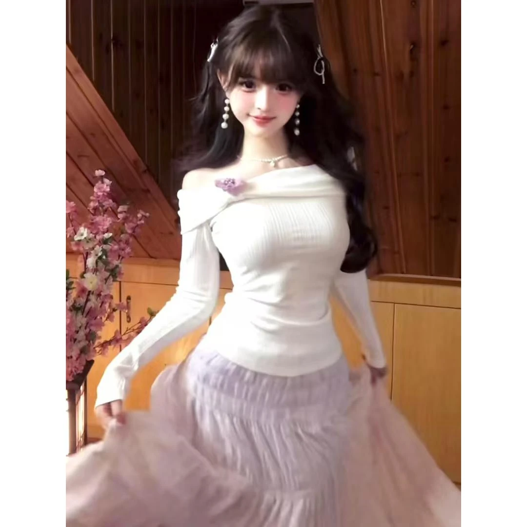 韩系纯欲风一字肩长袖t恤女秋季设计感小众收腰甜美奶乖打底上衣