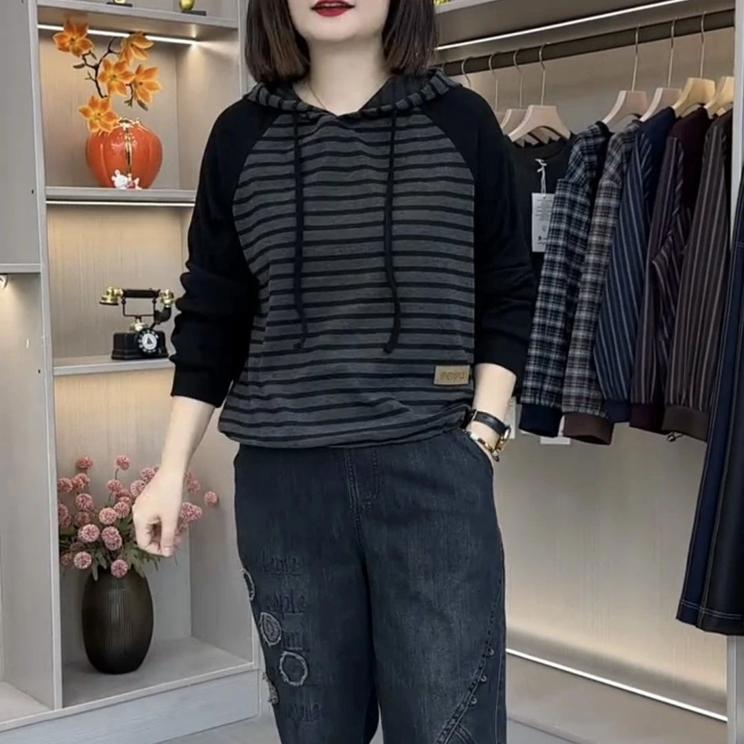 大码新款时尚条纹连帽休闲韩版宽松遮肉宽松百搭显瘦卫衣女装