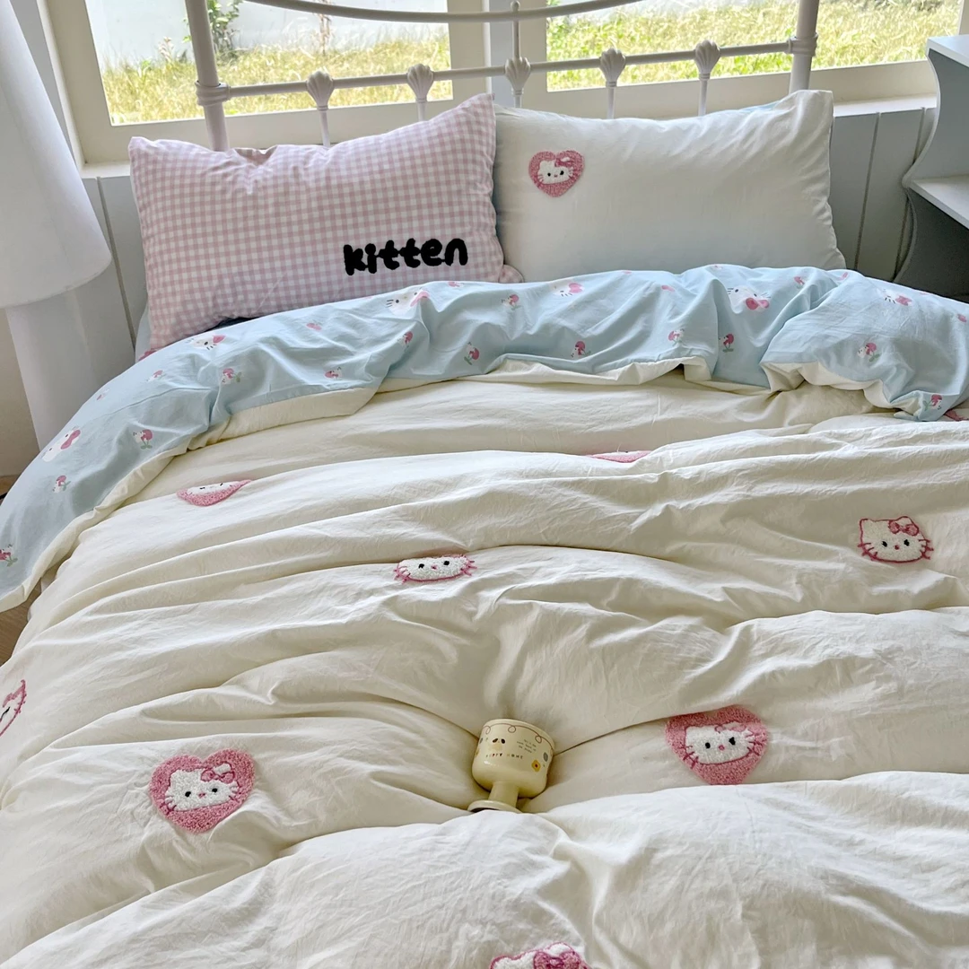 猫咪日记萌趣卡通甜心猫咪水洗棉四件套亲肤可爱软糯学生三件套