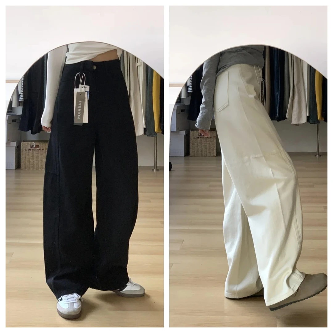 高个子纯棉浅杏色拼接香蕉弯刀裤牛仔裤女垂感立体裁剪拖地阔腿裤