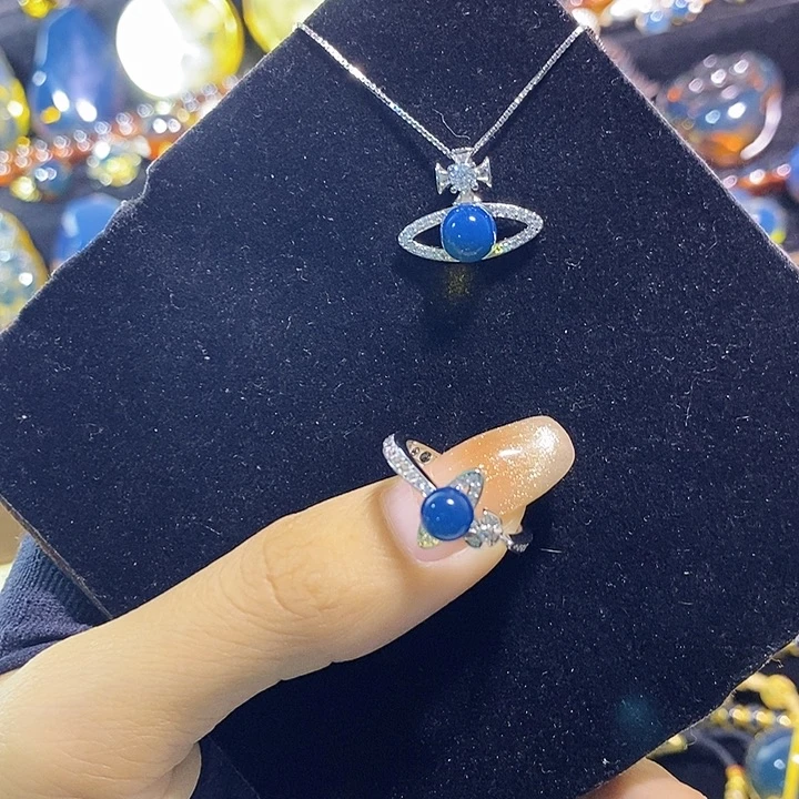 蓝珀银S925镶嵌珠宝奇石多米尼加蓝珀套装戒指吊坠