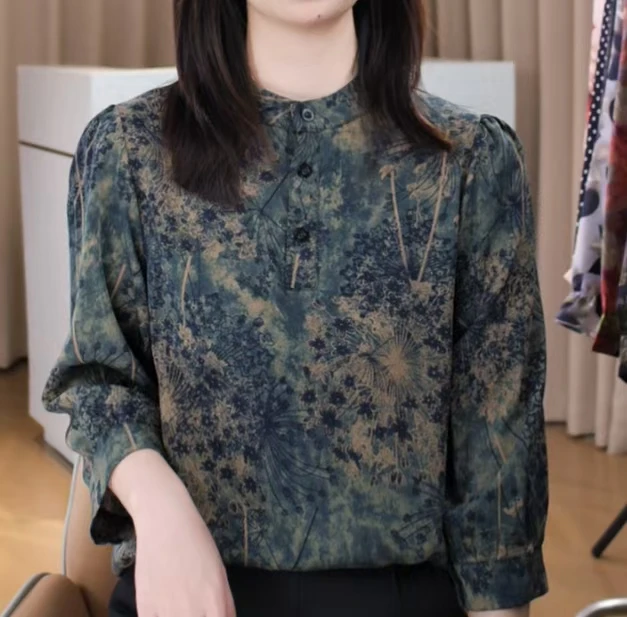 夏新新款印花妈妈装七分袖2025新款衬衫夏季洋气小衫显瘦上衣