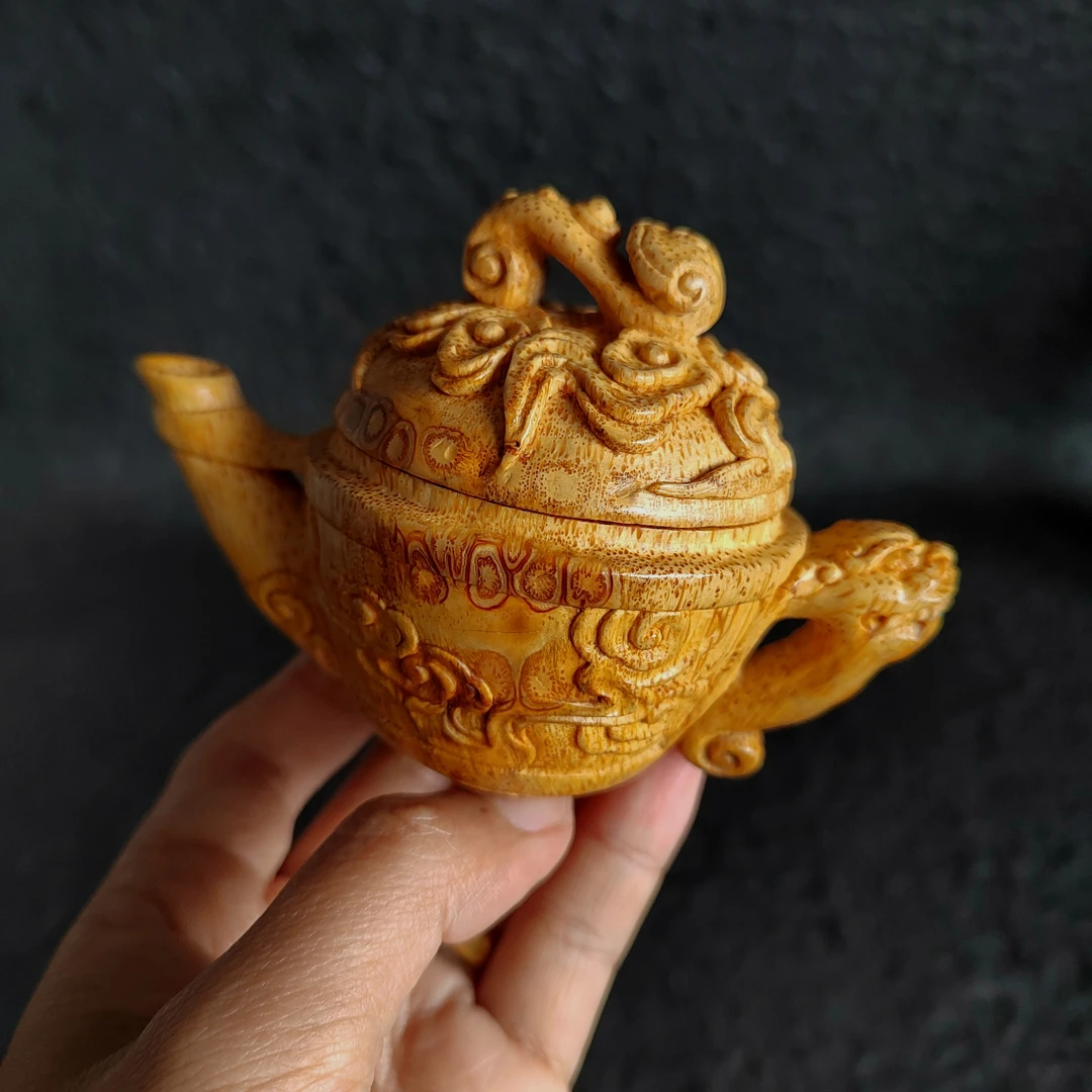 一物一拍精品名家夏荣建雕刻竹根茶壶祥云狮子图满钉喝茶把件摆件