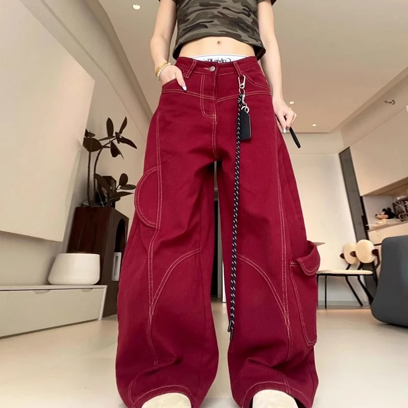 红色高腰弯刀牛仔裤女款爆款2025新款宽松百搭阔腿休闲拖地裤子