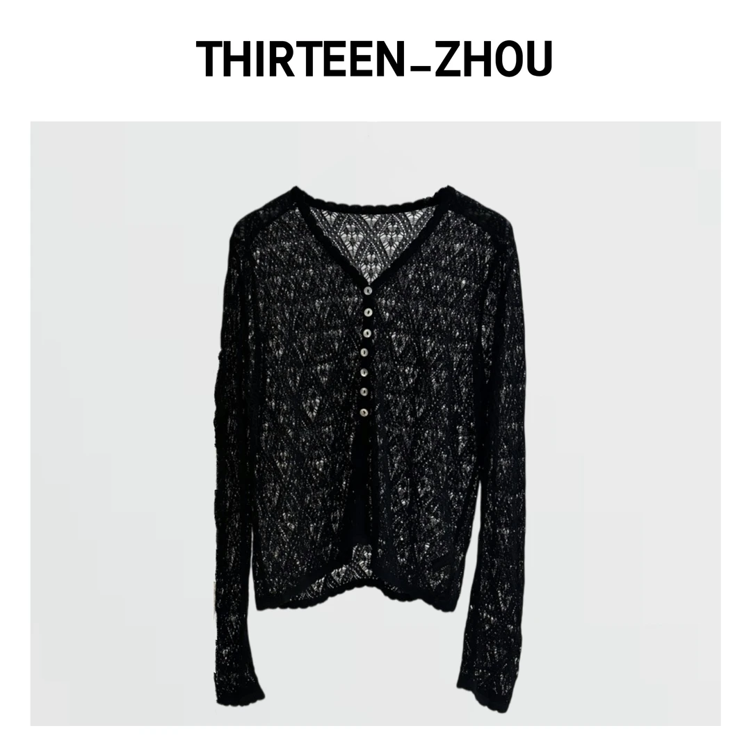 THIRTEEN-ZHOU 镂空蕾丝V领针织衫长袖
