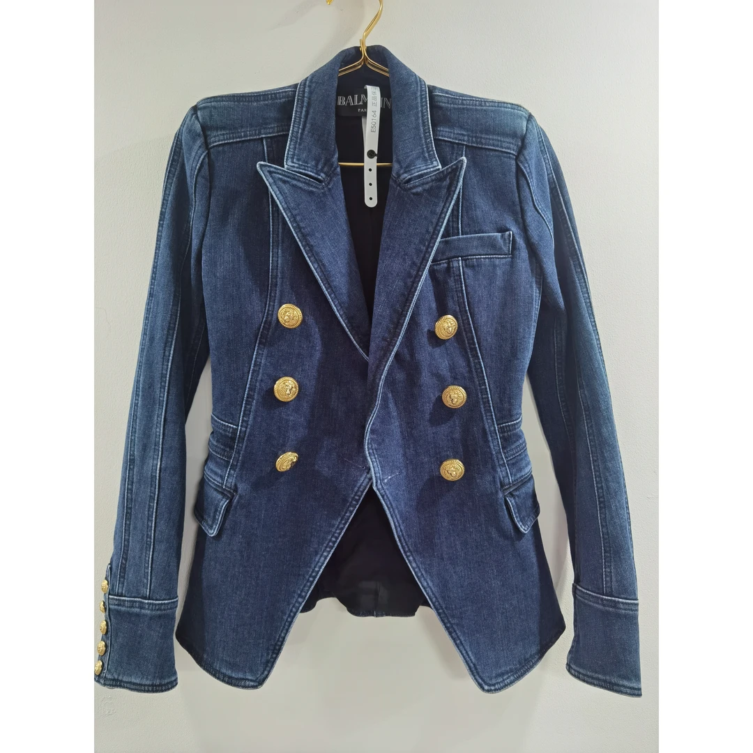 99新 BALMAIN/巴尔曼 巴尔曼蓝色牛仔双排金扣外套34码/E50164