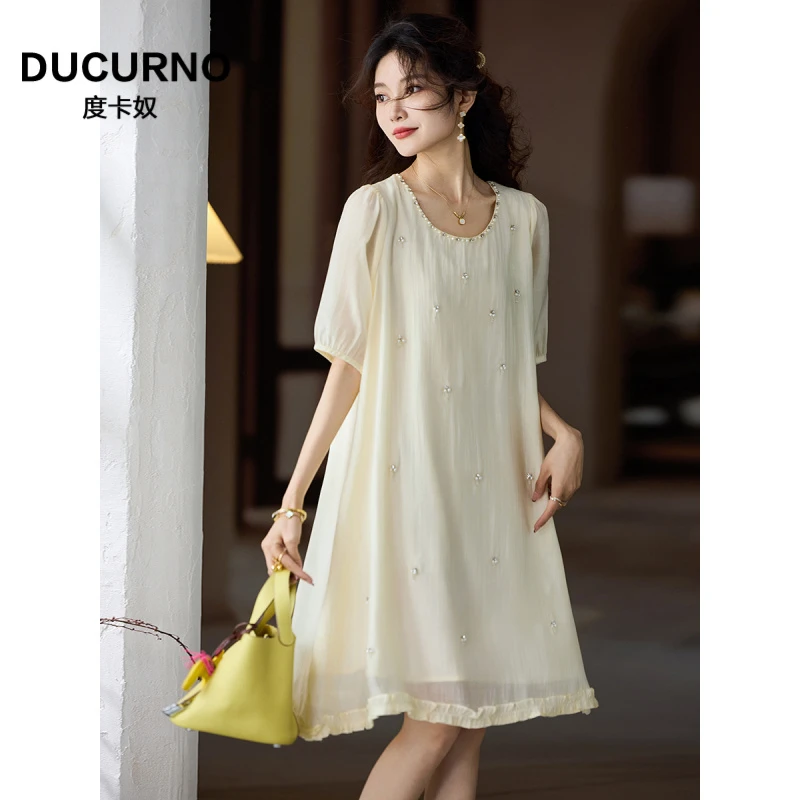 气质钉珠雪纺连衣裙女秋季新款宽松A字裙2025年大码优雅仙气裙子
