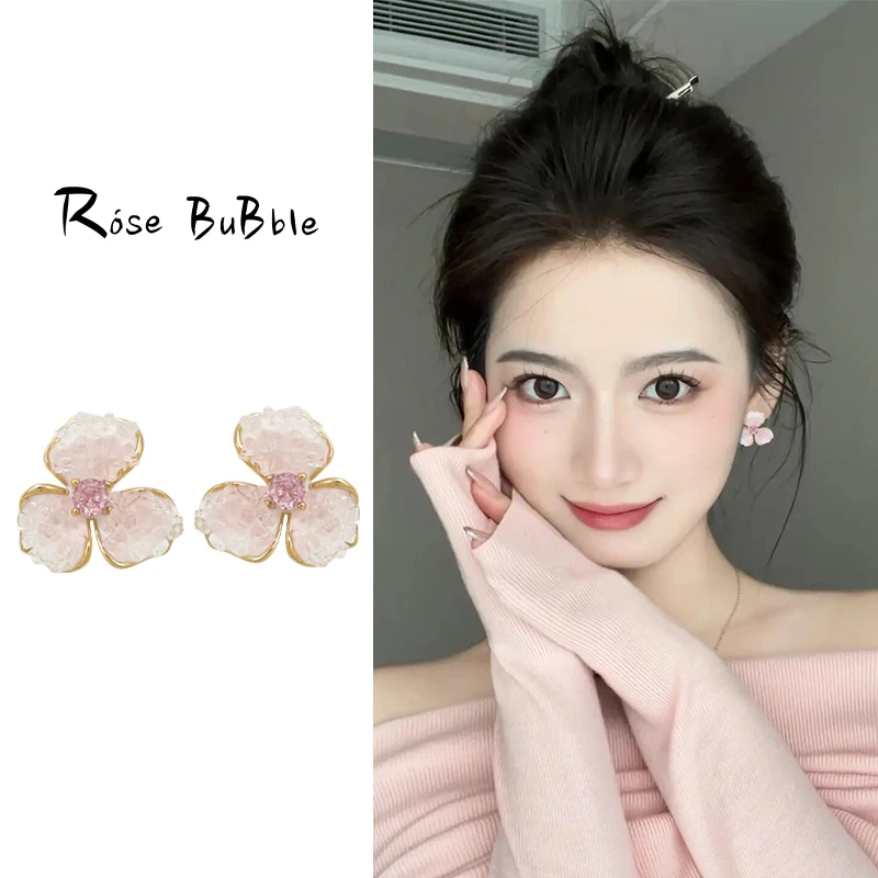 合金耳饰 粉色渐变水晶花朵耳环2025新款爆款春夏简约气质耳饰女