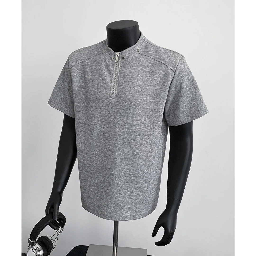 cleanfit美式高街半拉链垫肩短袖t恤男夏季太空棉高级感宽松半袖