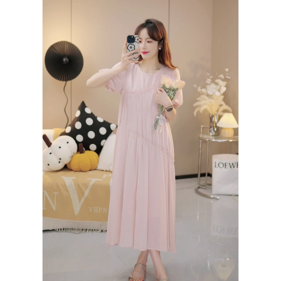 【温柔弥漫】夏季新款温柔风短袖拼接木耳边气质显瘦连衣裙X086