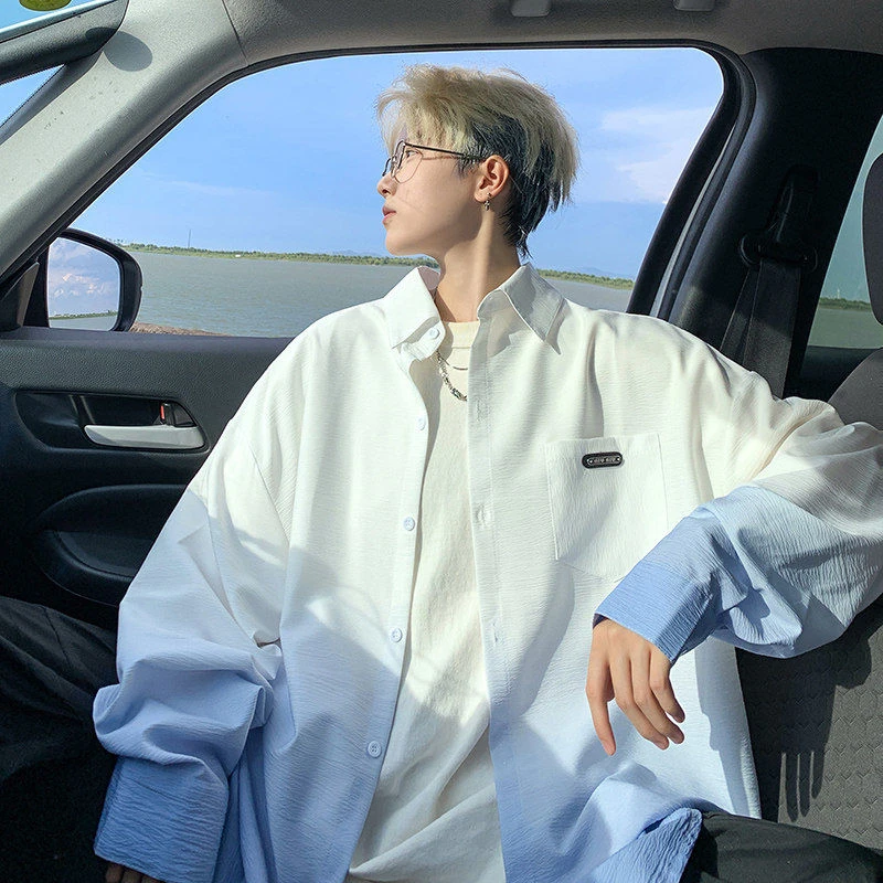 蓝色渐变防晒衬衫男长袖痞帅高级感水墨扎染衬衣oversize情侣外套