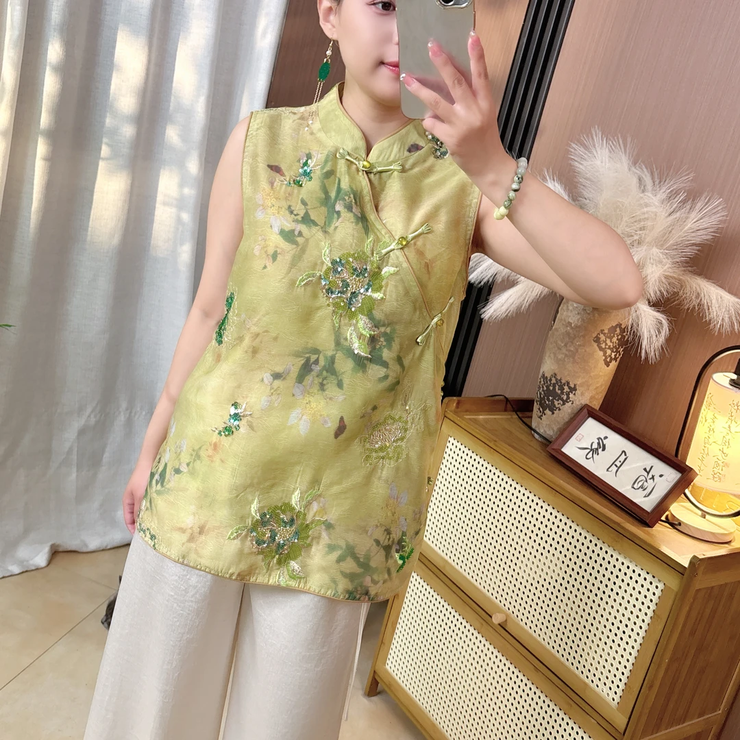 【青绿】新中式国风中长款专柜重工艺刺绣手工盘扣气质优雅无袖上衣