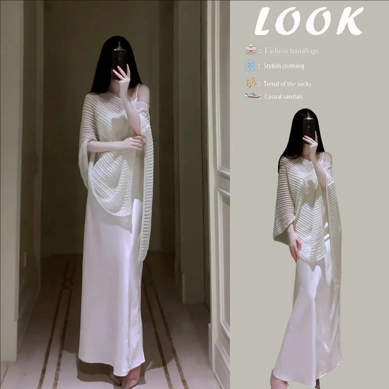 不规则气质斜肩针织防晒罩衫女夏季时尚套装缎面吊带连衣裙两件套