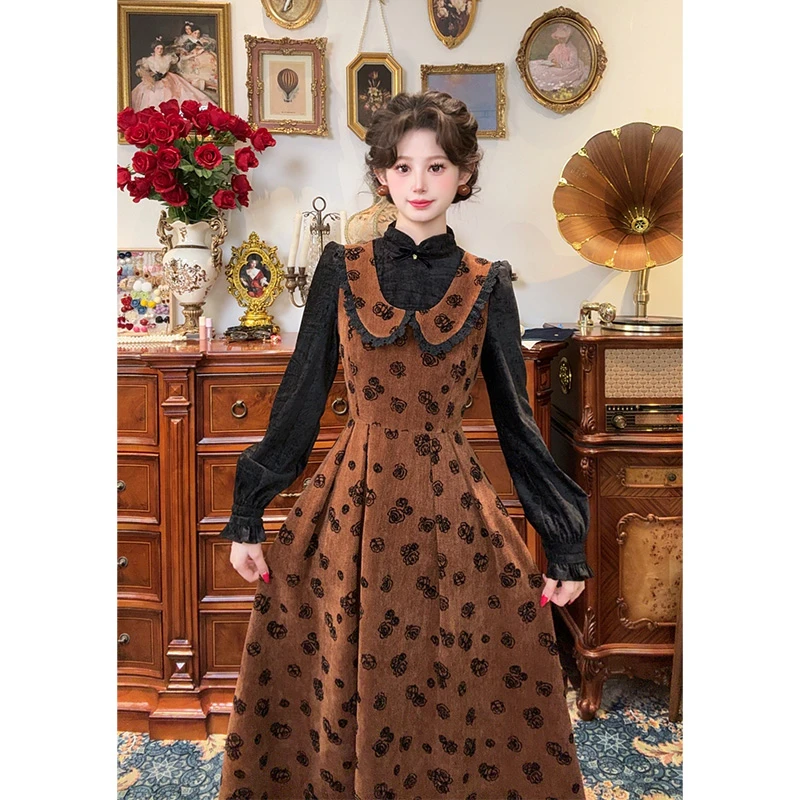 一生罗曼【】法式复古假两件气质显瘦碎花连衣裙L1615