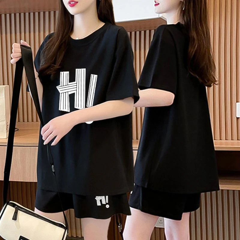 纯棉显瘦休闲运动套装女夏季新款韩版胖mm大码网红短袖短裤两件套