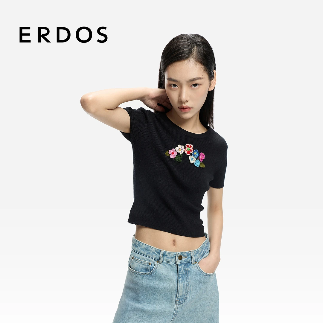 ERDOS 精纺圆领半袖女士套衫26年春新品手钩花朵装饰修身半袖T恤