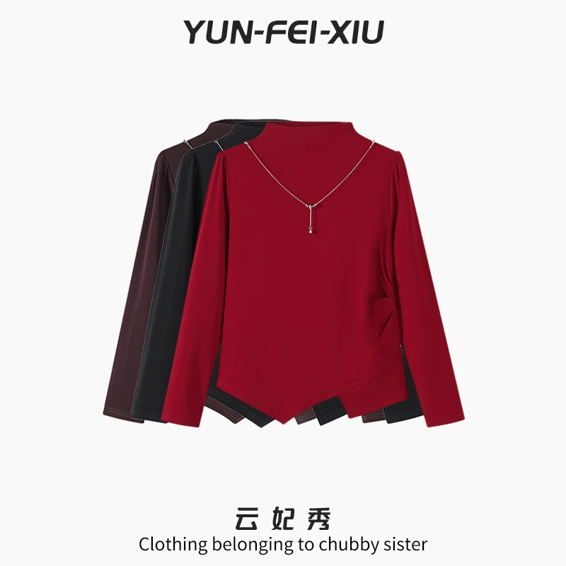 云妃秀大码女装T恤高领不对称时尚胖妹妹显瘦宽松日常上衣秋5172