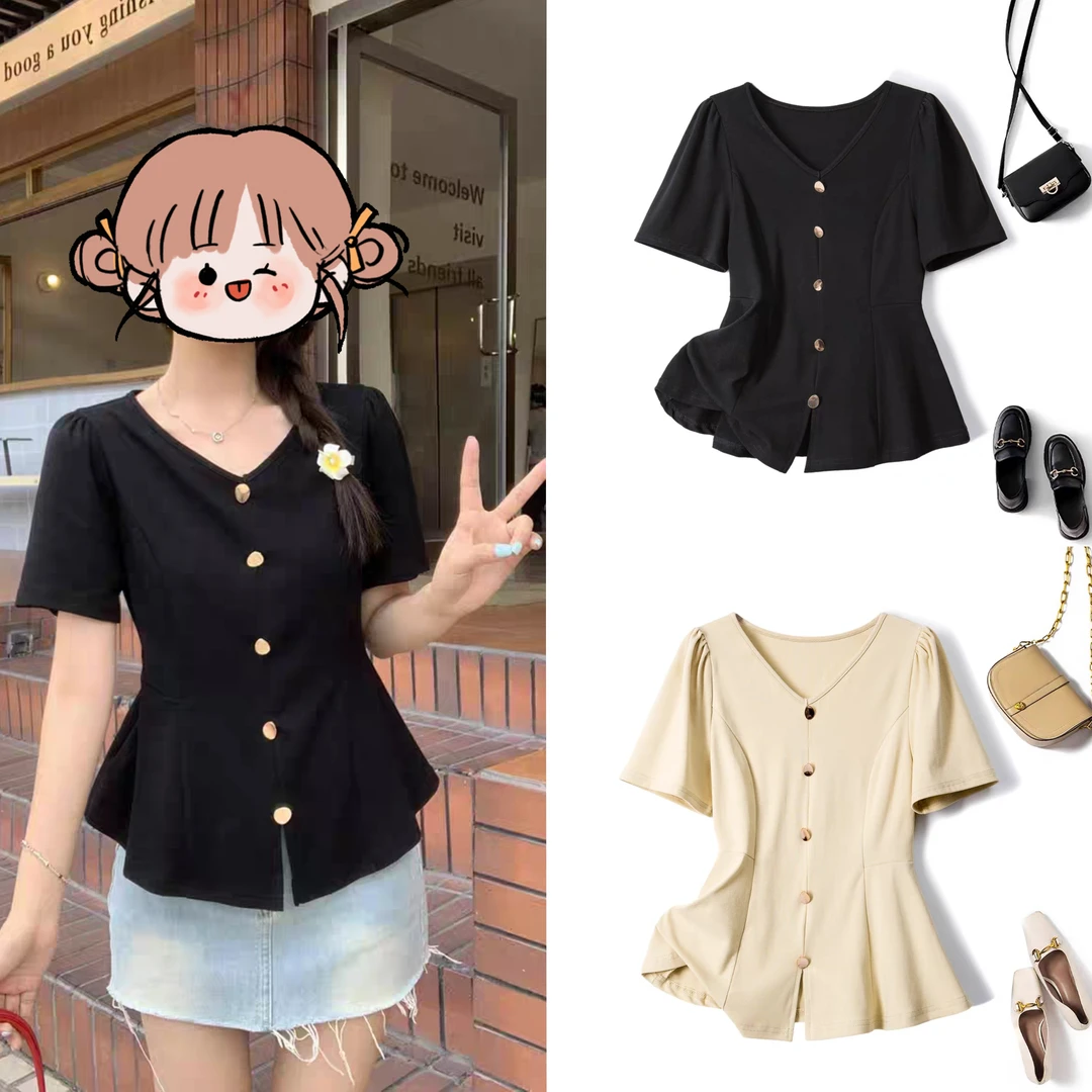 胖MM时尚纯欲v领正肩短袖T恤女夏季新款大码洋气百搭遮肚显瘦上衣